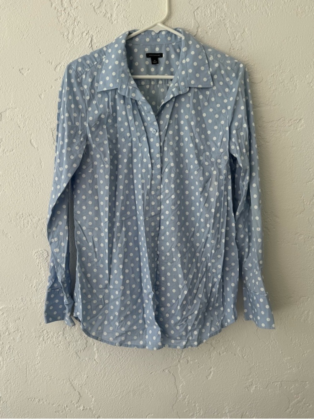 Ann Taylor Light Blue and White Polka Dot Blouse